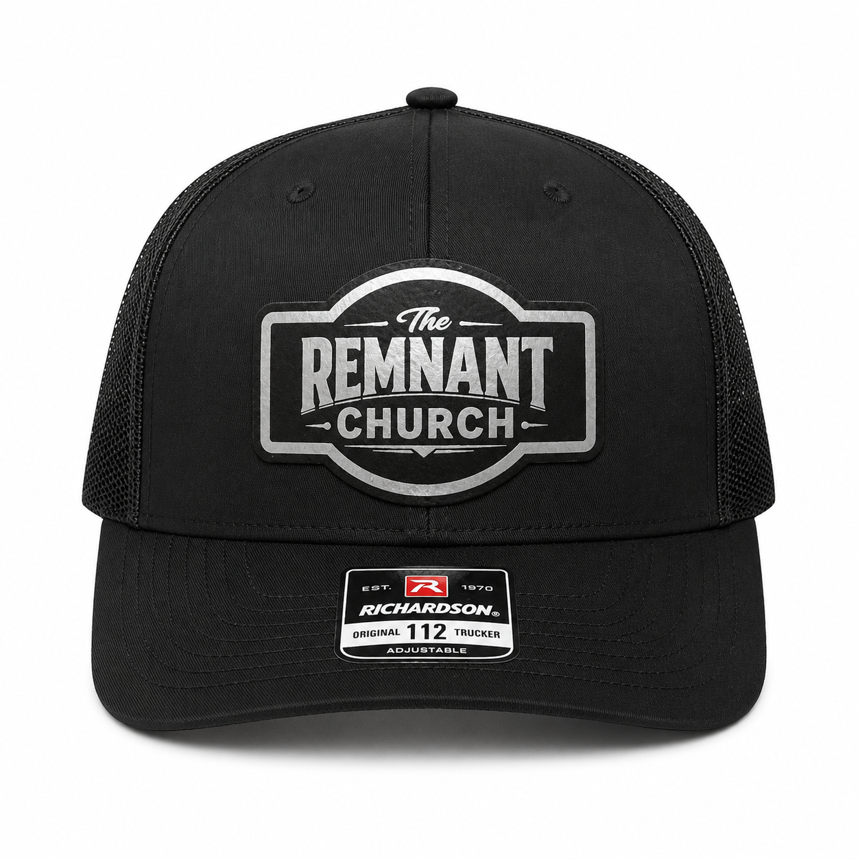 Black trucker cap with 'The Remnant Church' logo on a white background